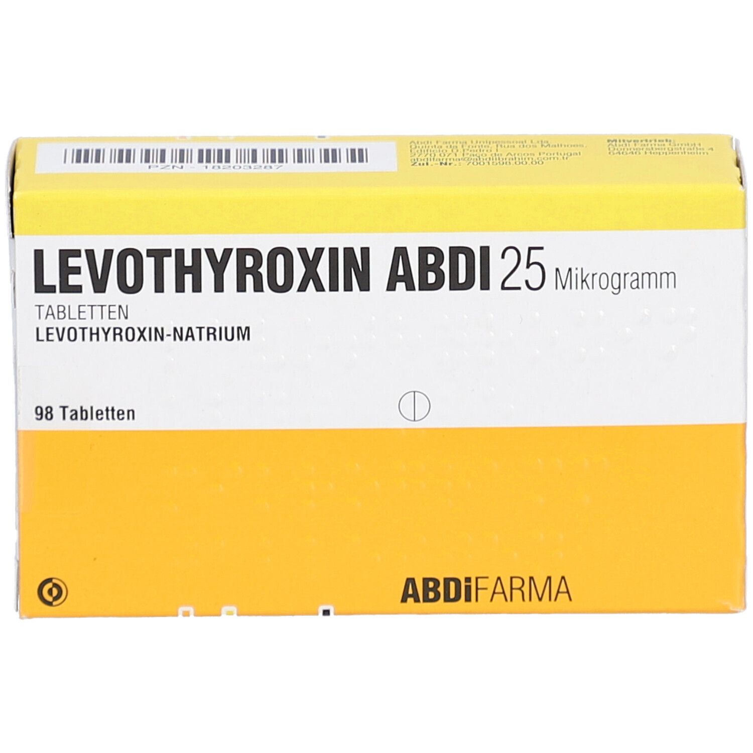 Gelb-weiße Schachtel LEVOTHYROXIN ABDI 25 Mikrogramm Tabletten. Text: 98 Tabletten, ABDI FARMA.