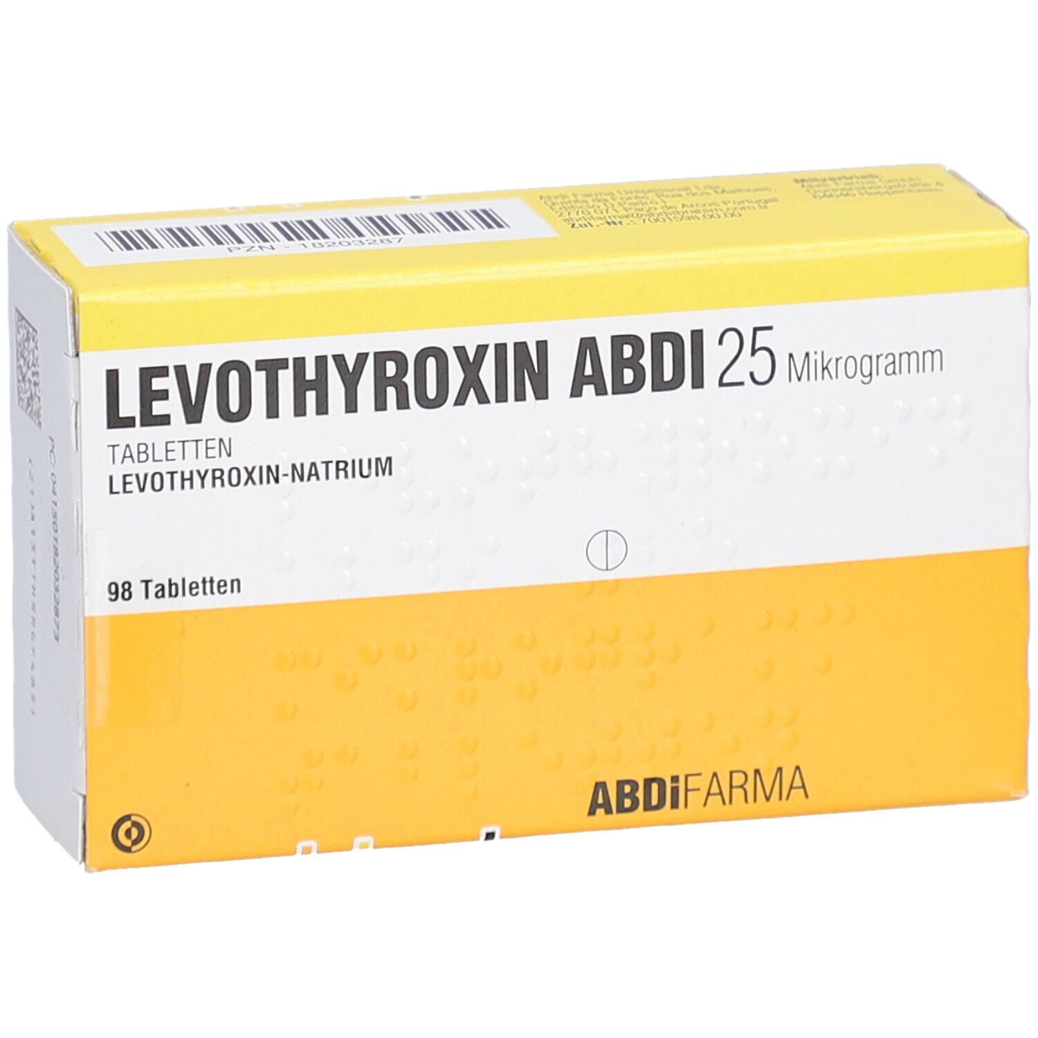 Gelb-weiße Schachtel LEVOTHYROXIN ABDI 25 Mikrogramm Tabletten. Text: 98 Tabletten, ABDI FARMA.