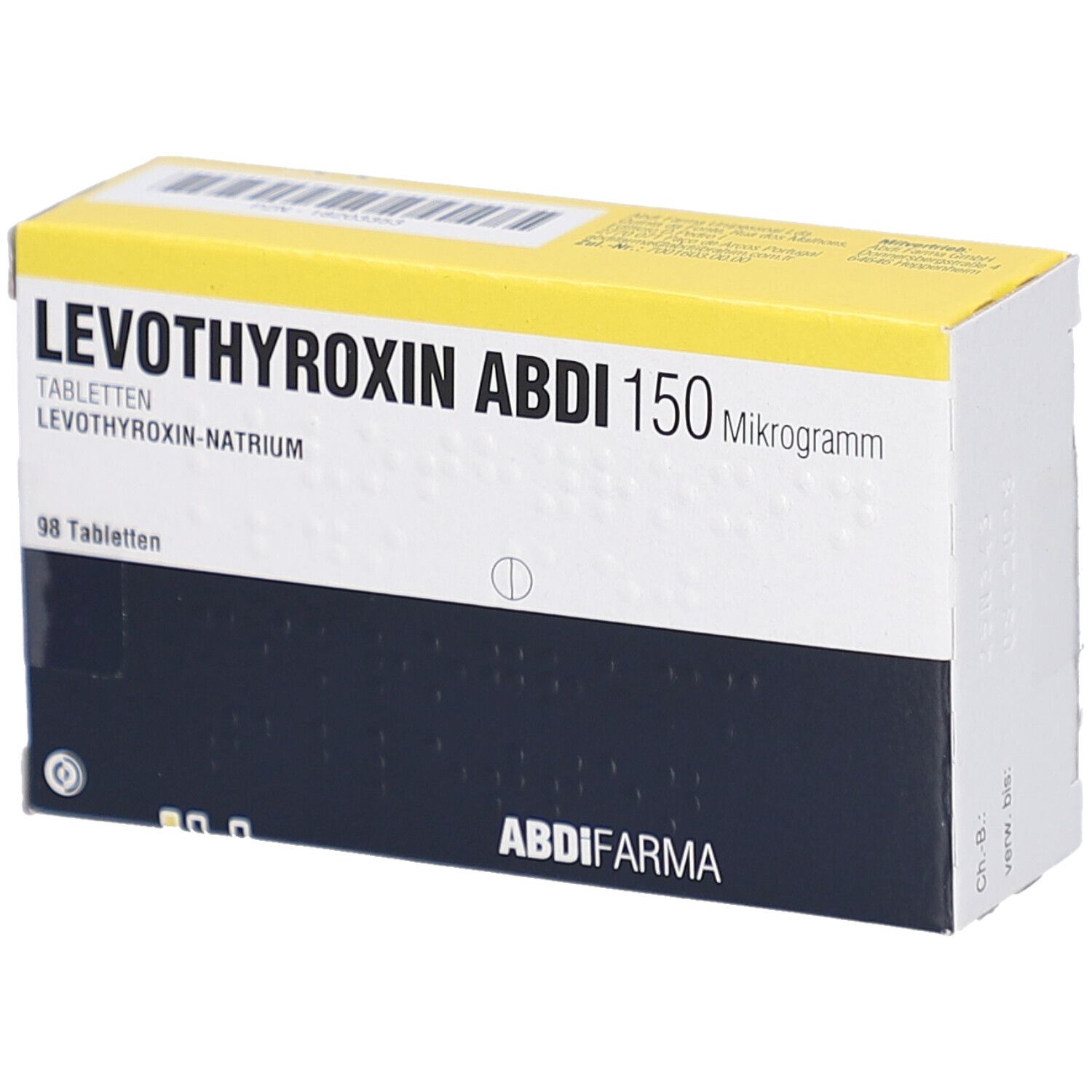 Schachtel mit LEVOTHYROXIN ABDI 150 Mikrogramm Tabletten. Gelb-weißes Design, Produktname und Dosierung deutlich sichtbar.