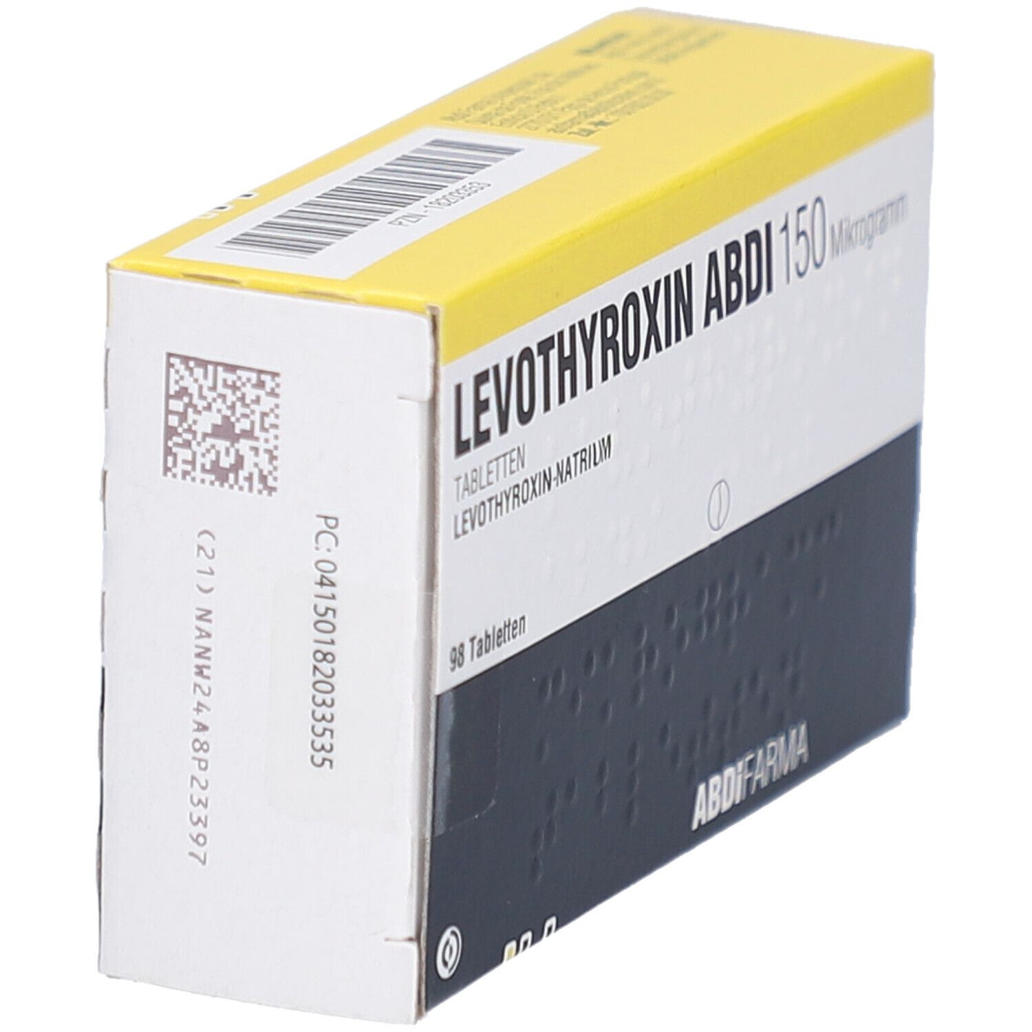 Schachtel LEVOTHYROXIN ABDI 150 Mikrogramm Tabletten. Seitenansicht mit Barcode und Produktinformationen.
