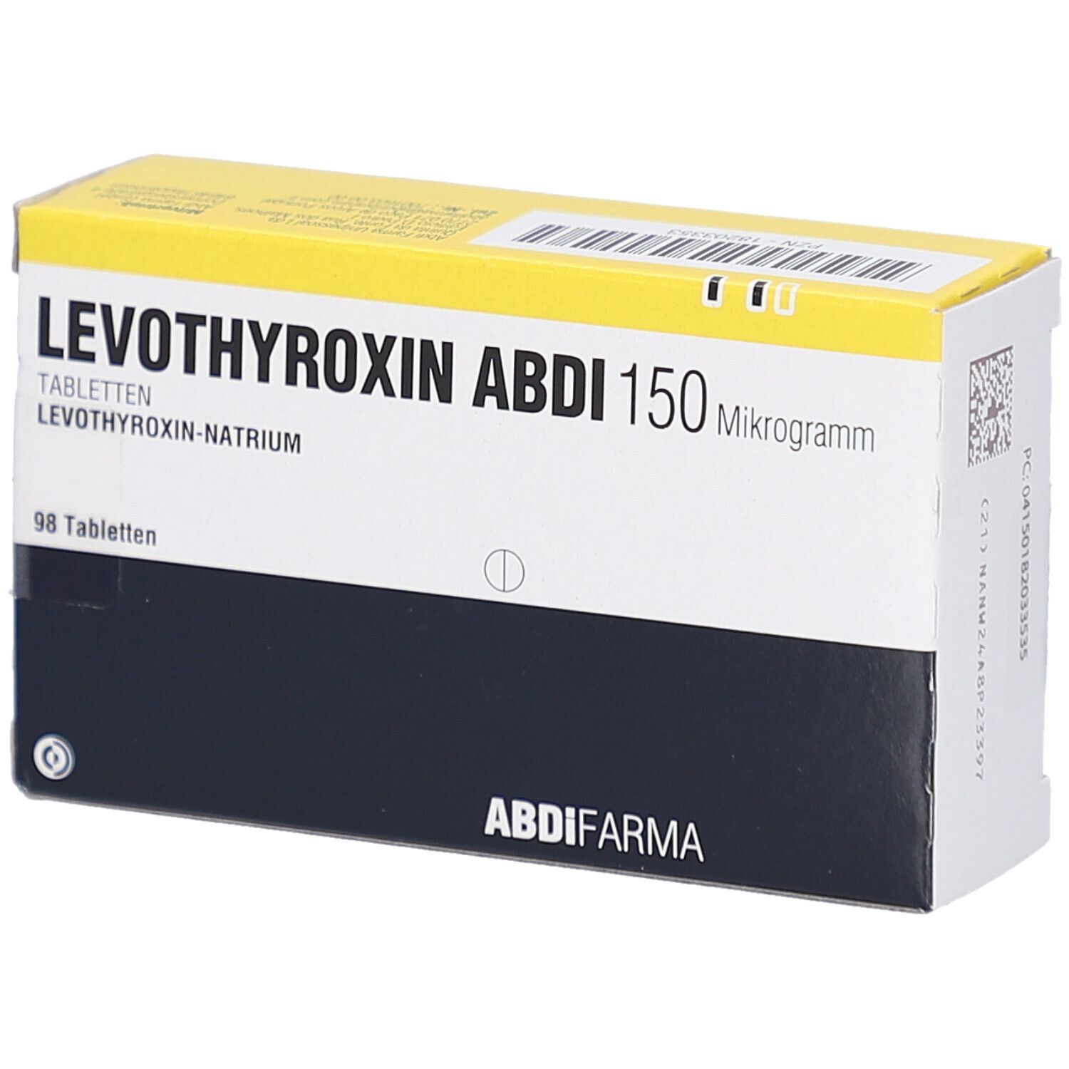 Schachtel LEVOTHYROXIN ABDI 150 Mikrogramm Tabletten. Gelb-weißes Design, Produktname und Dosierung.