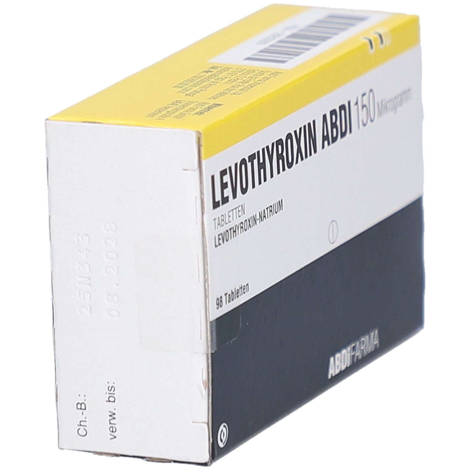 Schachtel LEVOTHYROXIN ABDI 150 Mikrogramm Tabletten. Seitenansicht mit Verfallsdatum und Chargennummer.