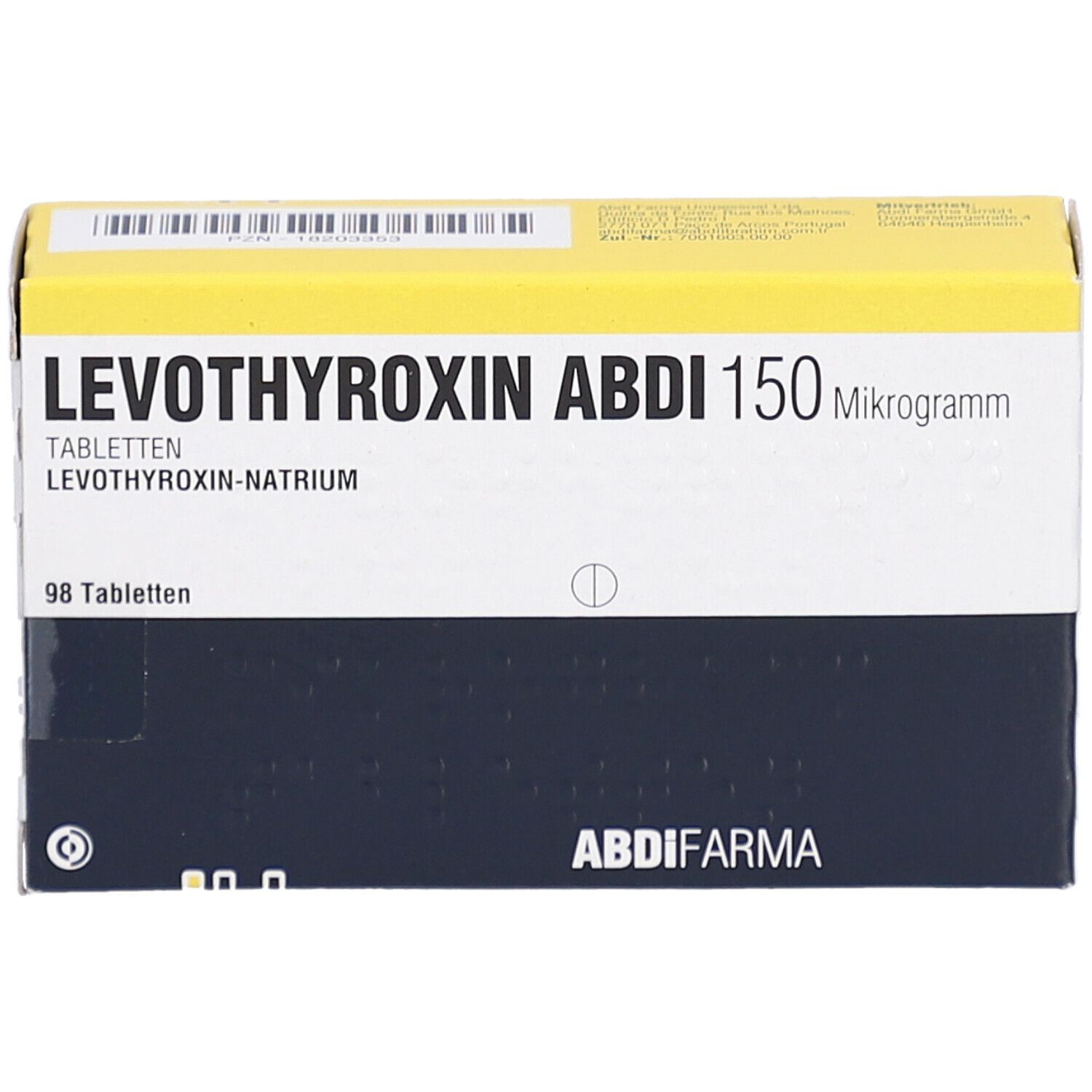 Schachtel LEVOTHYROXIN ABDI 150 Mikrogramm Tabletten. Gelb-weißes Design, Produktname und Dosierung.