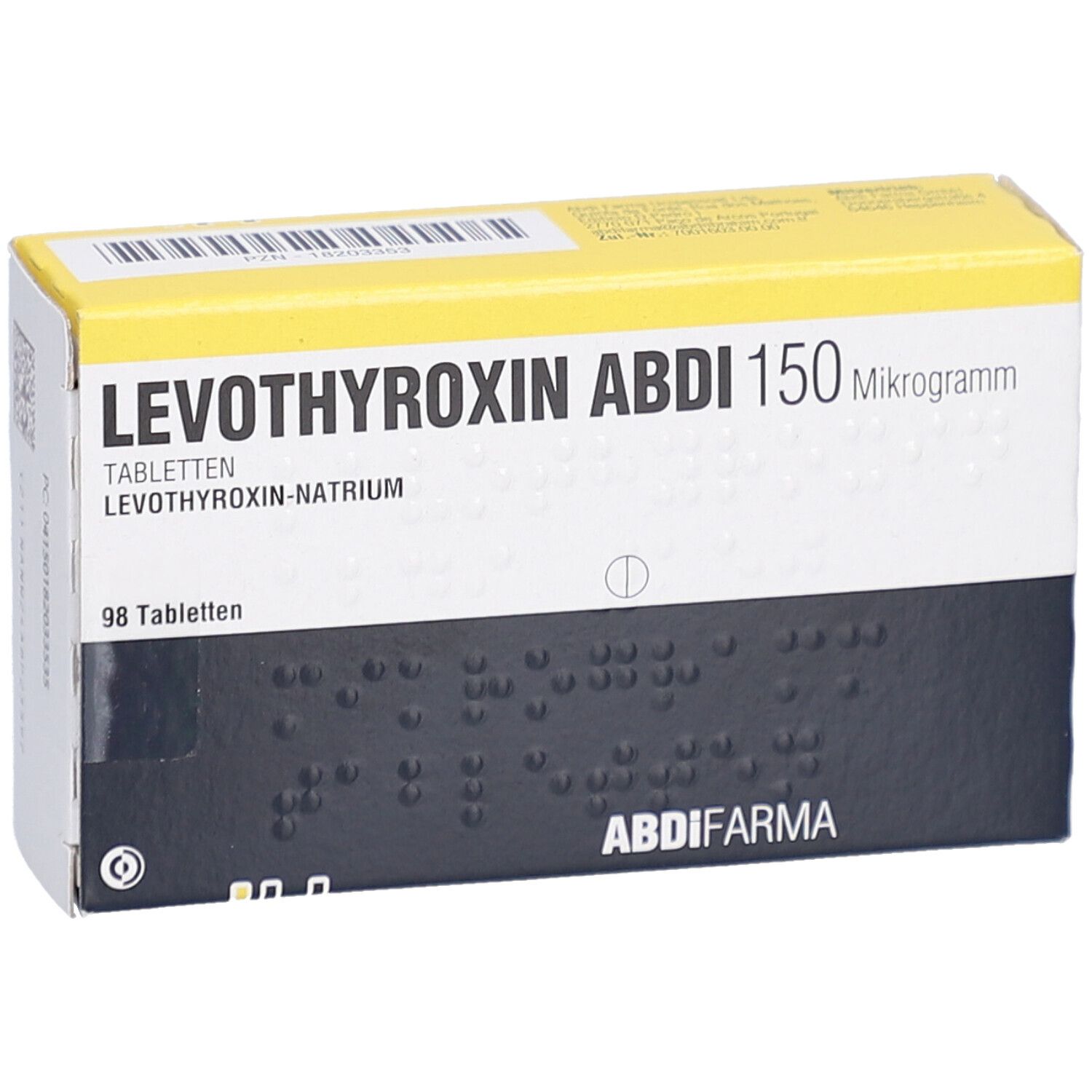 Schachtel LEVOTHYROXIN ABDI 150 Mikrogramm Tabletten. Gelb-weißes Design, Produktname und Dosierung.