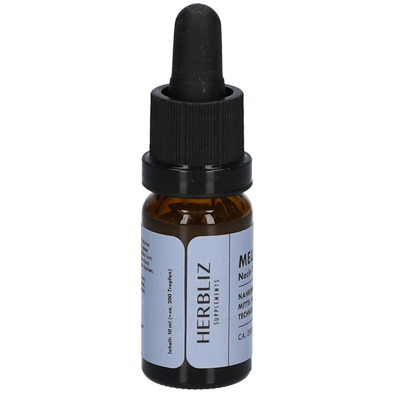 Braune Glasflasche mit schwarzem Deckel und Pipette. Etikett mit "HERBLIZ SUPPLEMENTS" und "MELATONIN".