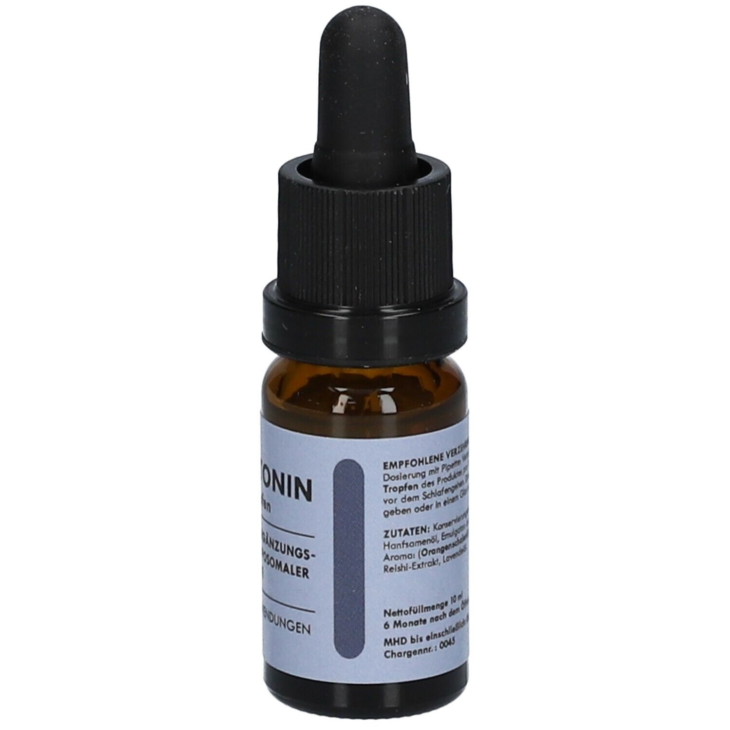 Braune Glasflasche mit schwarzem Deckel und Pipette. Etikett mit "MELATONIN" und Zutaten.