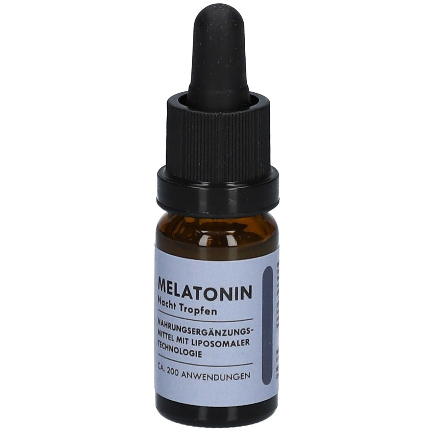 Braune Glasflasche mit schwarzem Deckel und Pipette. Etikett mit "MELATONIN Nacht Tropfen".