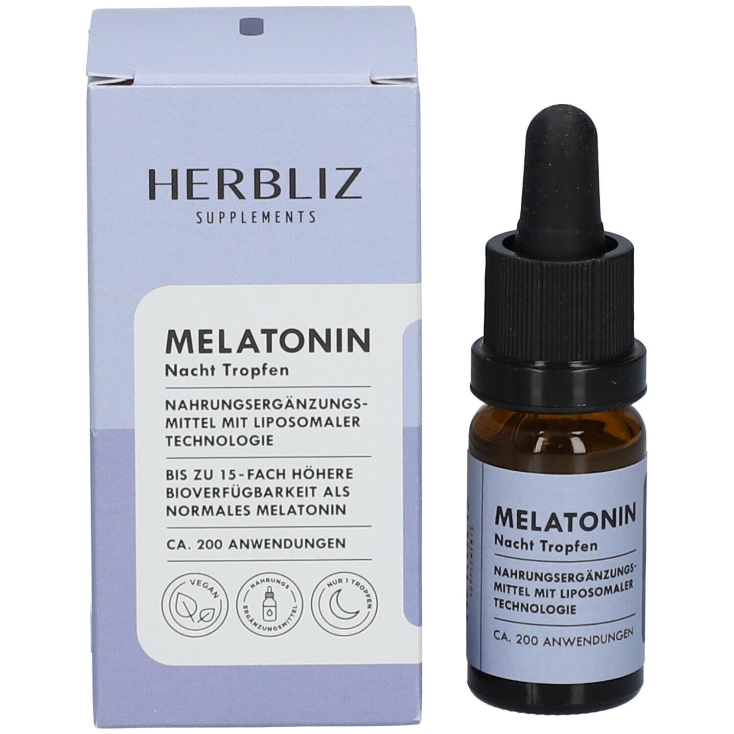 Produktflasche und Verpackung. Flasche mit Pipette, Verpackung mit "MELATONIN Nacht Tropfen".