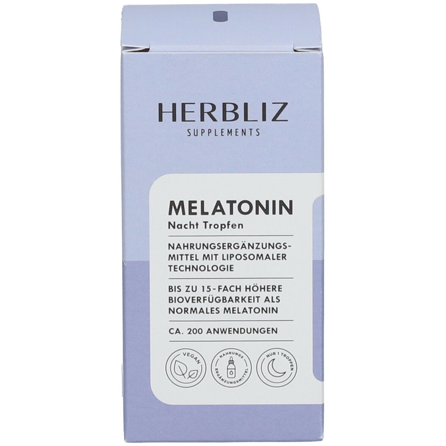 Verpackung mit "HERBLIZ SUPPLEMENTS" und "MELATONIN Nacht Tropfen".