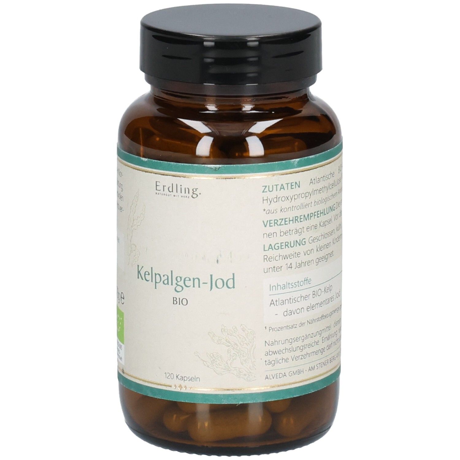 Braune Glasflasche mit schwarzem Deckel. Aufkleber mit Produktname: Kelpalgen-Jod BIO. 120 Kapseln. Zutatenliste.
