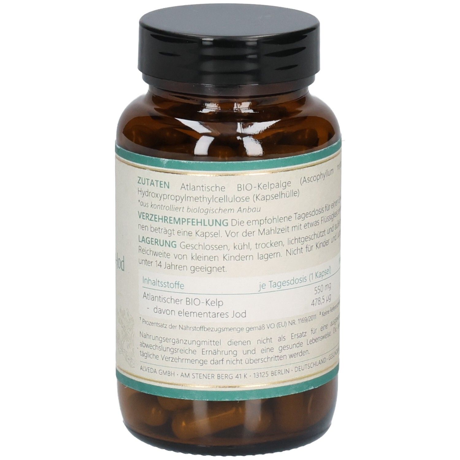 Braune Glasflasche mit schwarzem Deckel. Aufkleber mit Produktinformationen. Kelpalgen-Jod BIO. Zutatenliste und Verzehrempfehlung.
