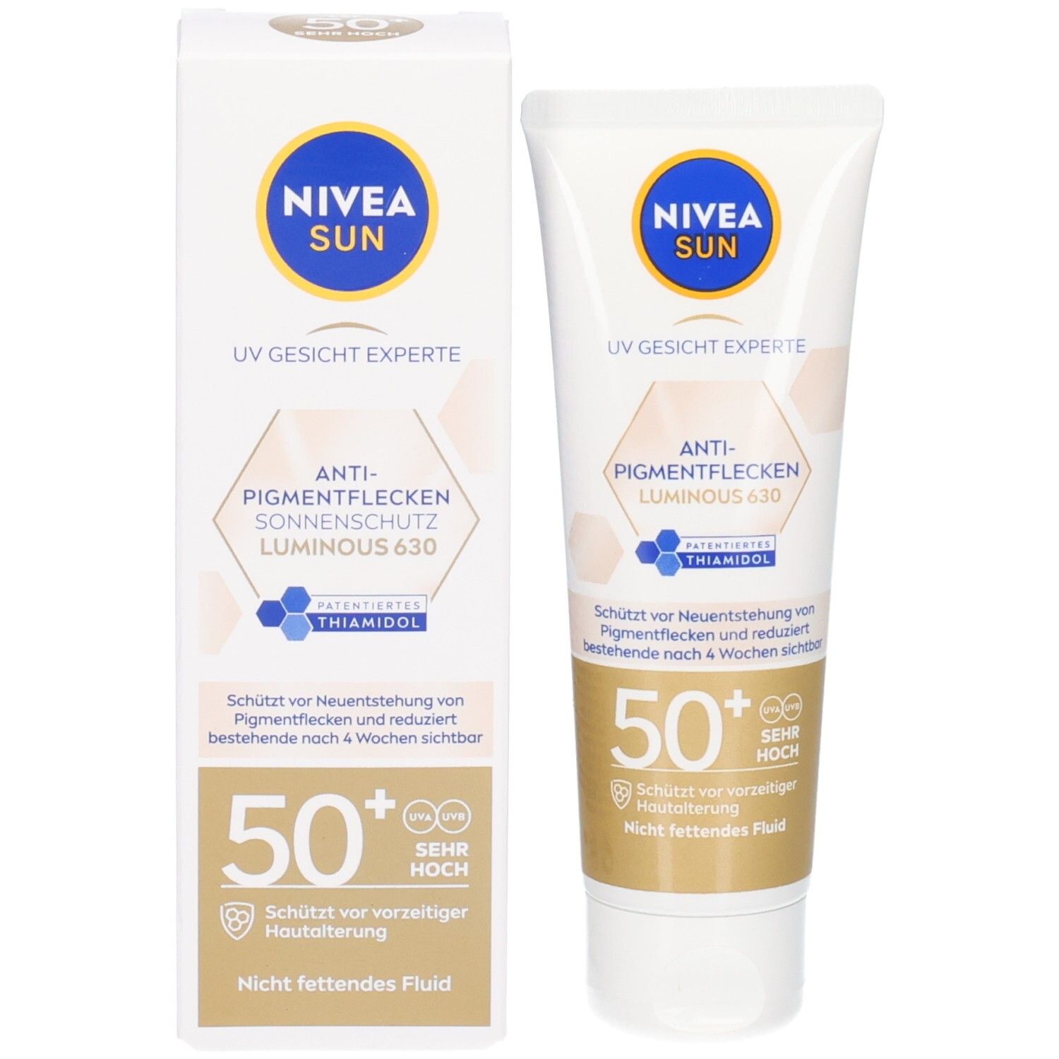 Produkt und Verpackung. Weiße Schachtel und Tube. Aufschrift: NIVEA SUN, UV Gesicht Experte, Anti-Pigmentflecken, 50+.