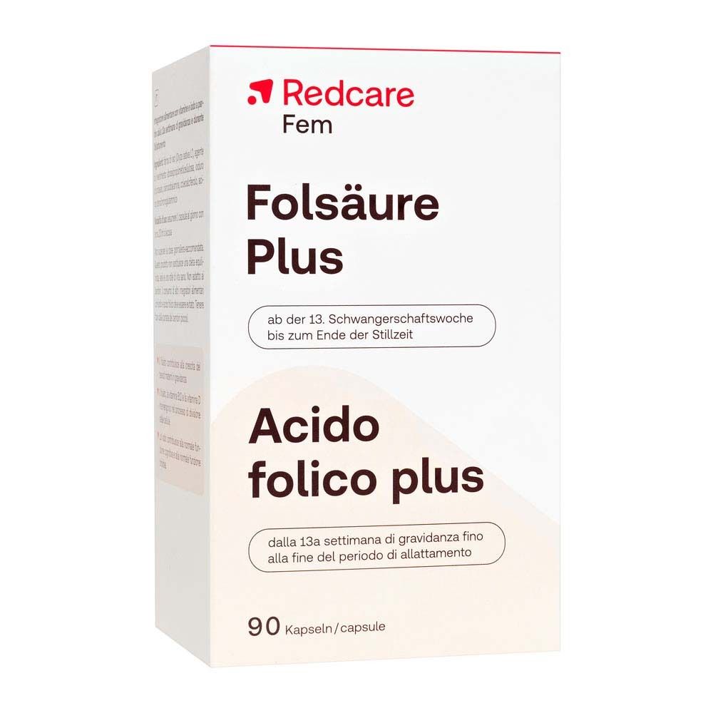 Redcare Fem Folsäure Plus Packung. Enthält 90 Kapseln. Text: Folsäure Plus, ab der 13. Schwangerschaftswoche.