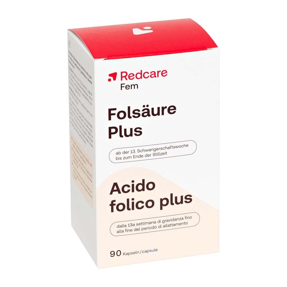Redcare Fem Folsäure Plus Packung. Enthält 90 Kapseln. Text: Folsäure Plus, ab der 13. Schwangerschaftswoche.