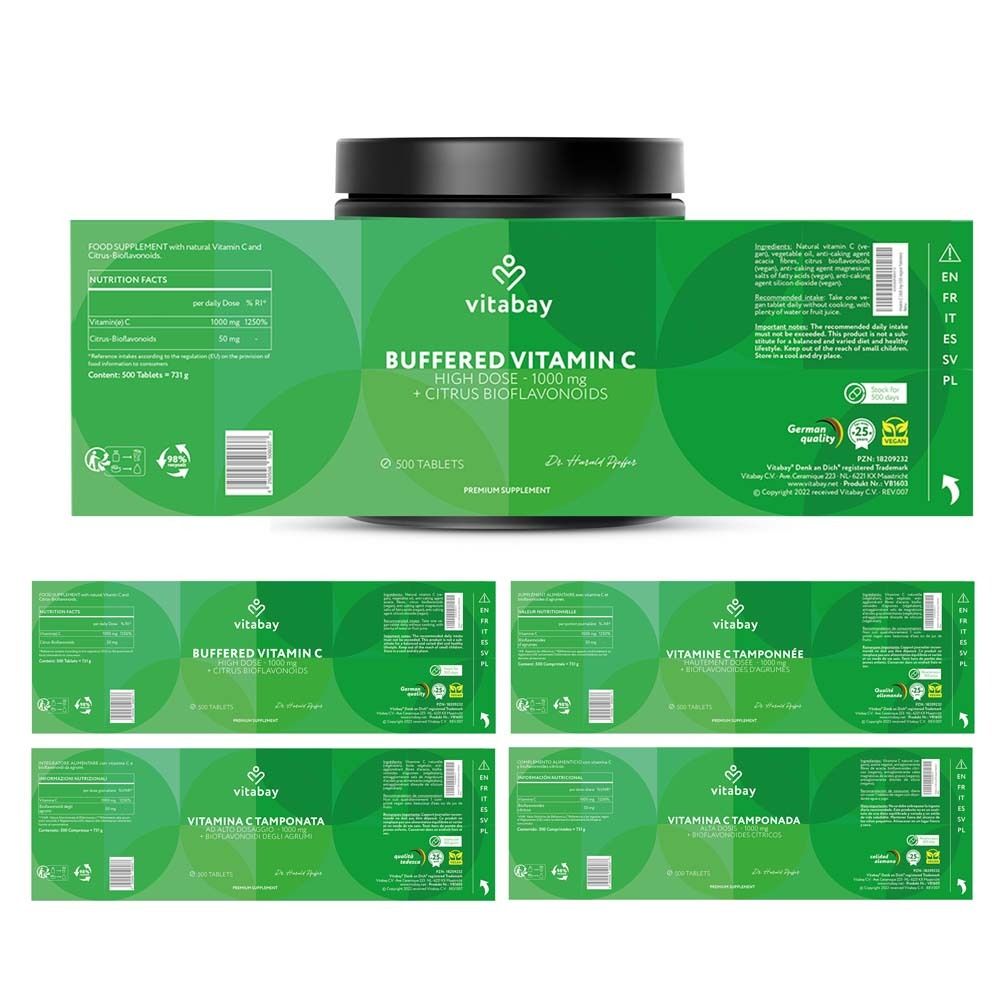 Verpackung Vitamin C gepuffert. Mehrsprachige Etiketten. Inhaltsstoffe, Nährwertangaben, Hersteller.