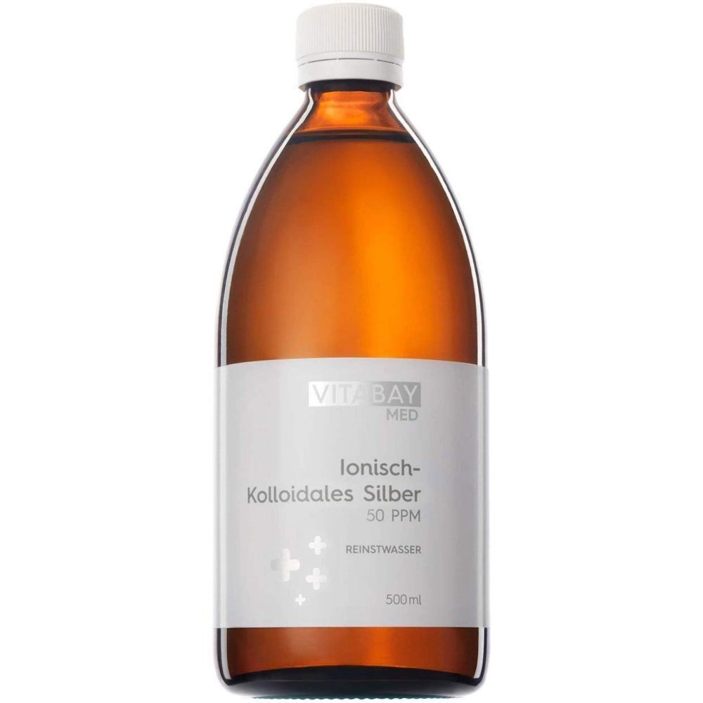 Braune Glasflasche mit weißem Etikett, das ionisches kolloidales Silber 50 PPM und 500 ml angibt.
