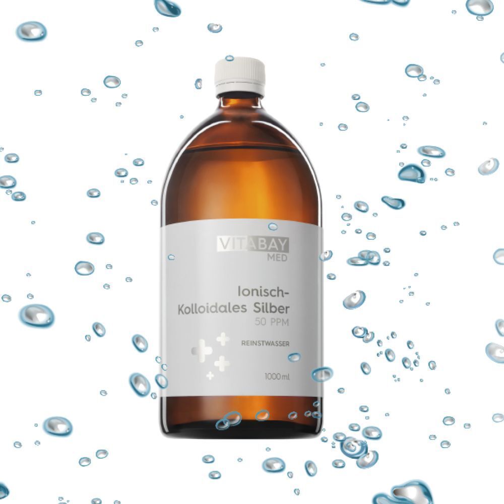Braune Glasflasche mit weißem Etikett: VitaBay Med Ionisch-Kolloïdales Silber 50 PPM, 1000ml, Reinstwasser.