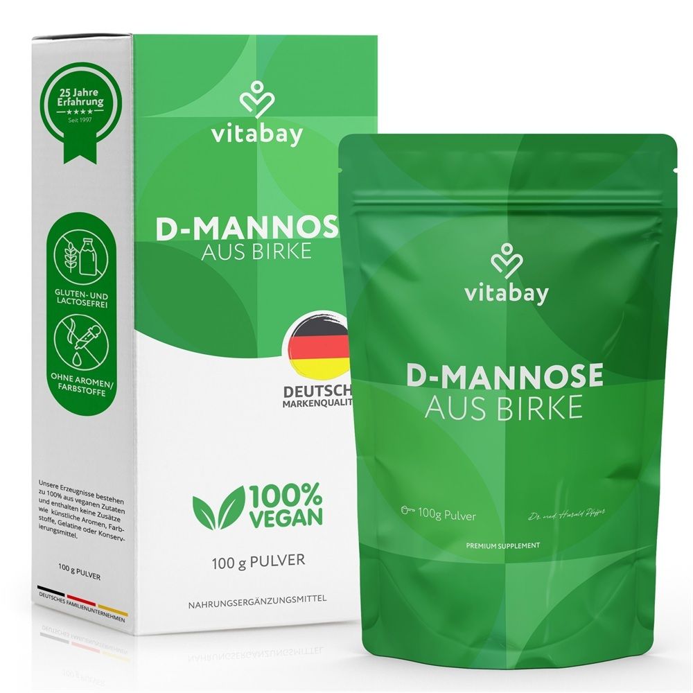 Vitabay D-Mannose aus Birke Pulver, 100g Beutel und Karton. 100% Vegan, gluten- und laktosefrei.