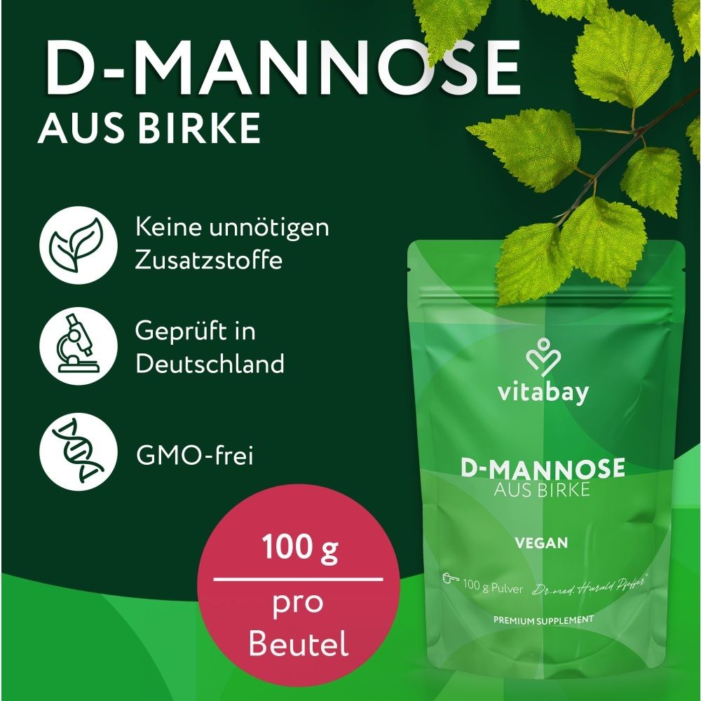 Grüner Beutel mit D-Mannose aus Birke Pulver, 100g. Vitabay Logo. Text: Keine unnötigen Zusatzstoffe, Geprüft in Deutschland, GMO-frei.