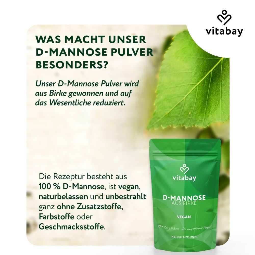 Vitabay D-Mannose Pulver aus Birke in einem grünen Standbeutel.