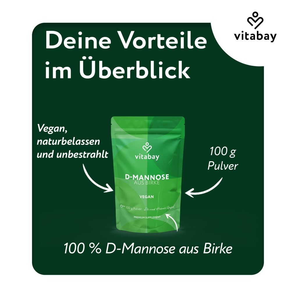 Vitabay D-Mannose Pulver aus Birke, 100g Beutel. Vegan, naturbelassen und unbestrahlt.