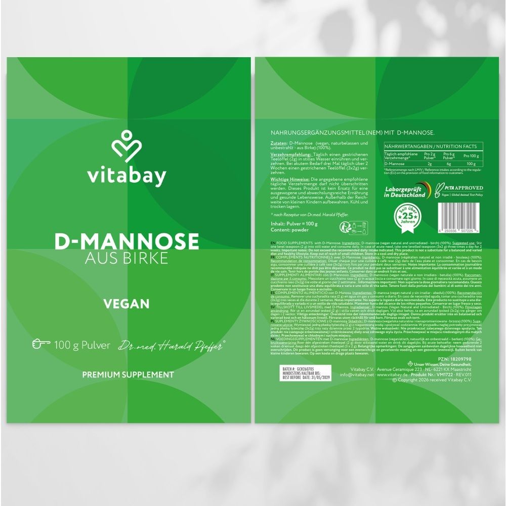 Vorder- und Rückseite des Vitabay D-Mannose aus Birke Beutels. 100g Pulver. Vegan.