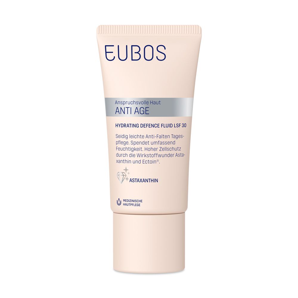 EUBOS® ANTI-AGE Hydrating Defence Fluid LSF 30 Tube. Beige Tube mit blauer Schrift. Produktname und Details sind sichtbar.