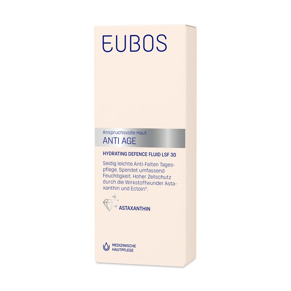 EUBOS® ANTI-AGE Hydrating Defence Fluid LSF 30 Verpackung. Rechteckige Verpackung mit blauer Schrift. Produktname und Details.