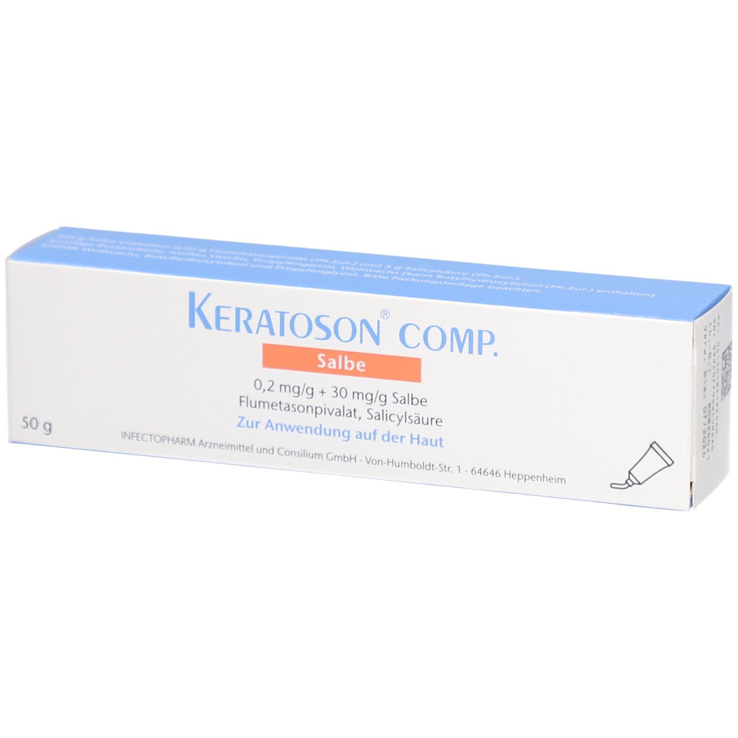 Schachtel mit Produktnamen und Inhaltsangaben. Aufschrift: KERATOSON COMP. Salbe. 50 g.