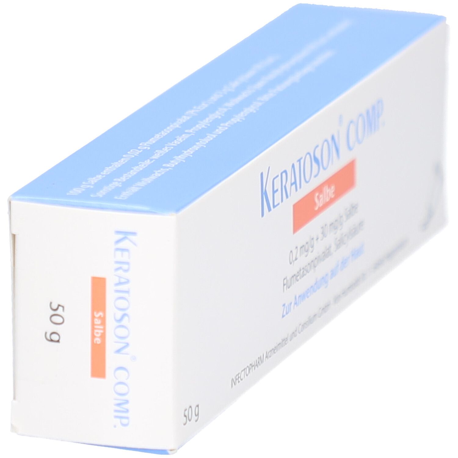 Schachtel, schräg von oben. Aufschrift: KERATOSON COMP. Salbe. 50 g. Blaue und weiße Farbgebung.