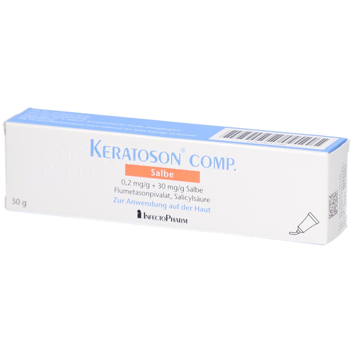 Schachtel mit Produktnamen und Inhaltsangaben. Aufschrift: KERATOSON COMP. Salbe. 50 g.