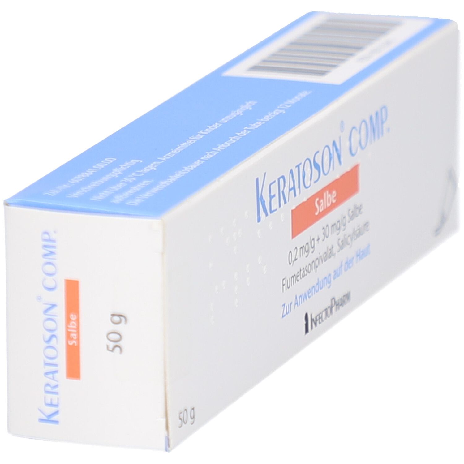 Schachtel, schräg von oben. Aufschrift: KERATOSON COMP. Salbe. 50 g. Blaue und weiße Farbgebung.