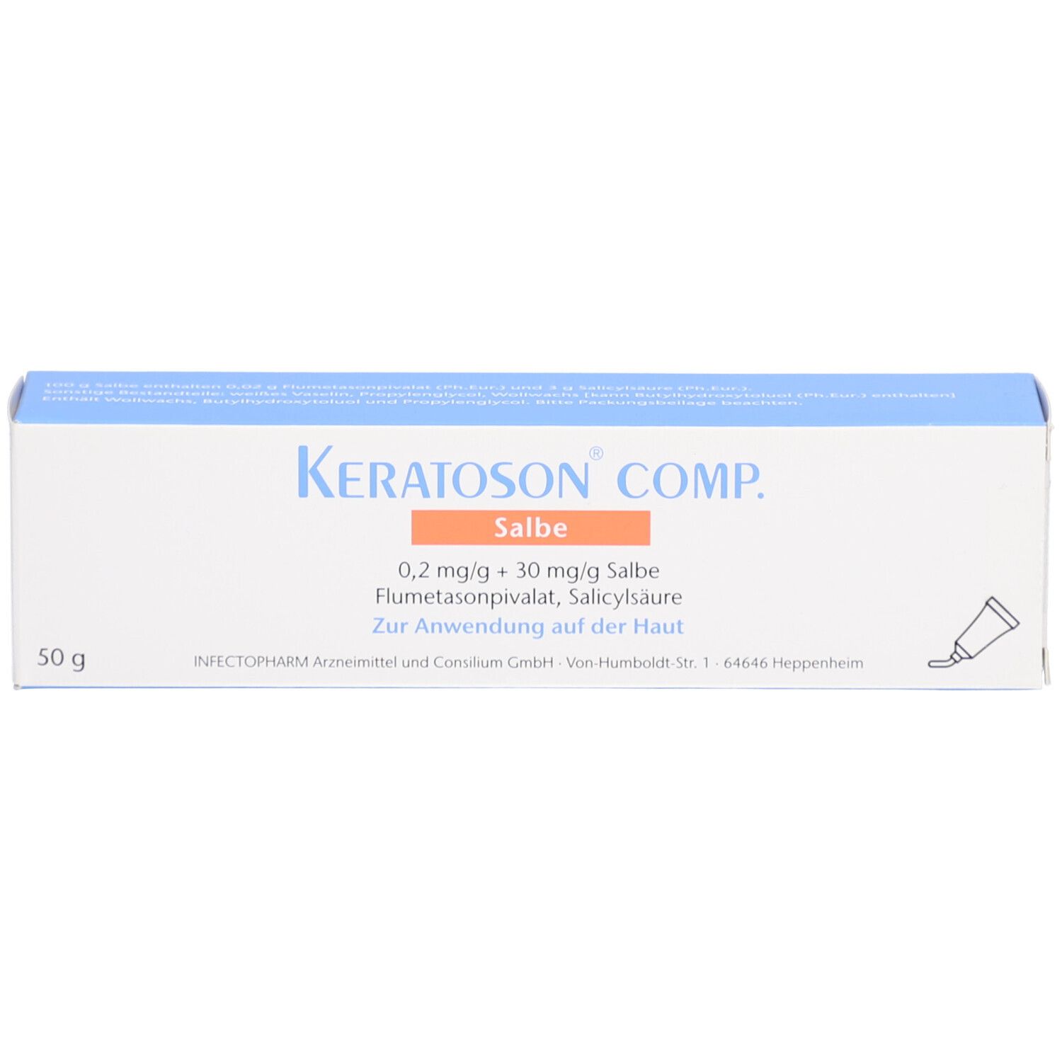 Schachtel mit Produktnamen und Inhaltsangaben. Aufschrift: KERATOSON COMP. Salbe. 50 g.