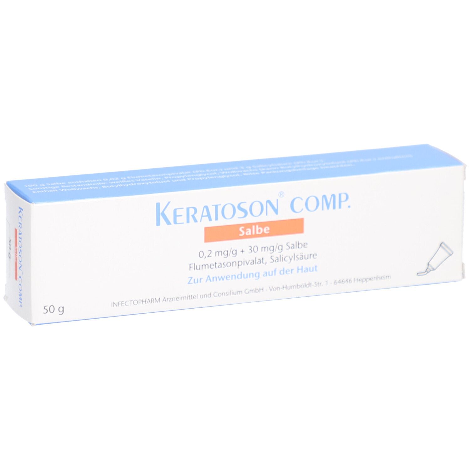 Schachtel mit Produktnamen und Inhaltsangaben. Aufschrift: KERATOSON COMP. Salbe. 50 g.