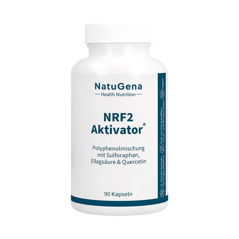 Weiße Flasche mit Kapseln. Aufschrift: NRF2 Aktivator, NatuGena. 90 Kapseln. Vegan-Siegel.
