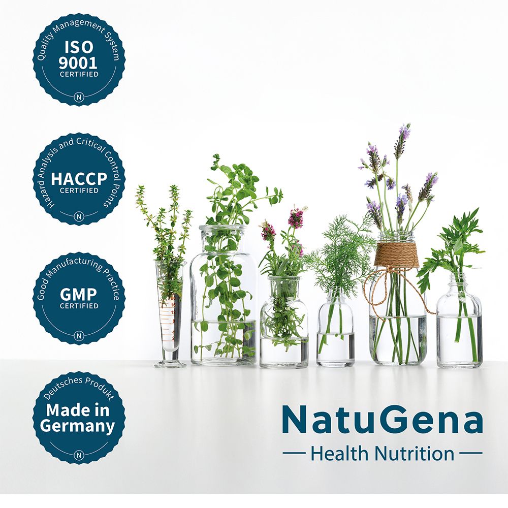 Zertifizierungen: ISO 9001, HACCP, GMP. Deutsches Produkt. NatuGena Logo. Kräuter in Gläsern.