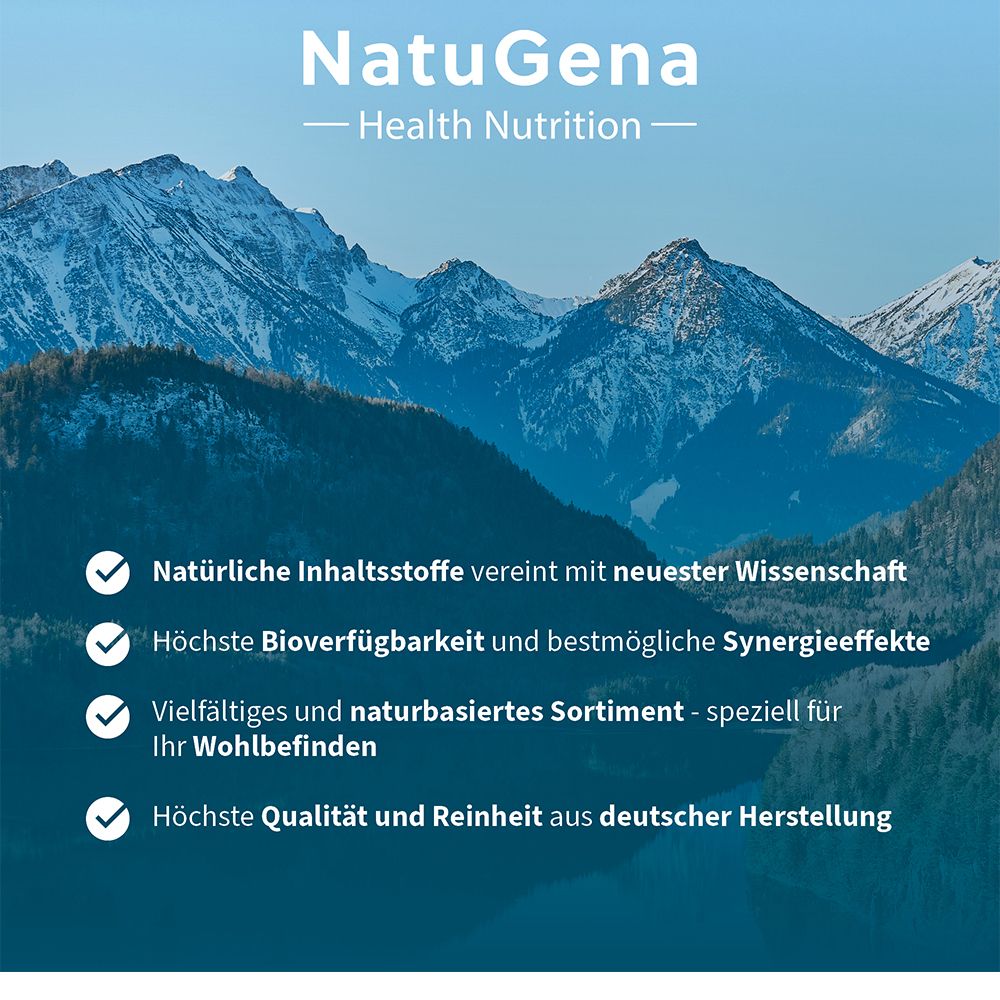 Text: Natürliche Inhaltsstoffe, höchste Bioverfügbarkeit, vielfältiges Sortiment, höchste Qualität. Berge im Hintergrund.