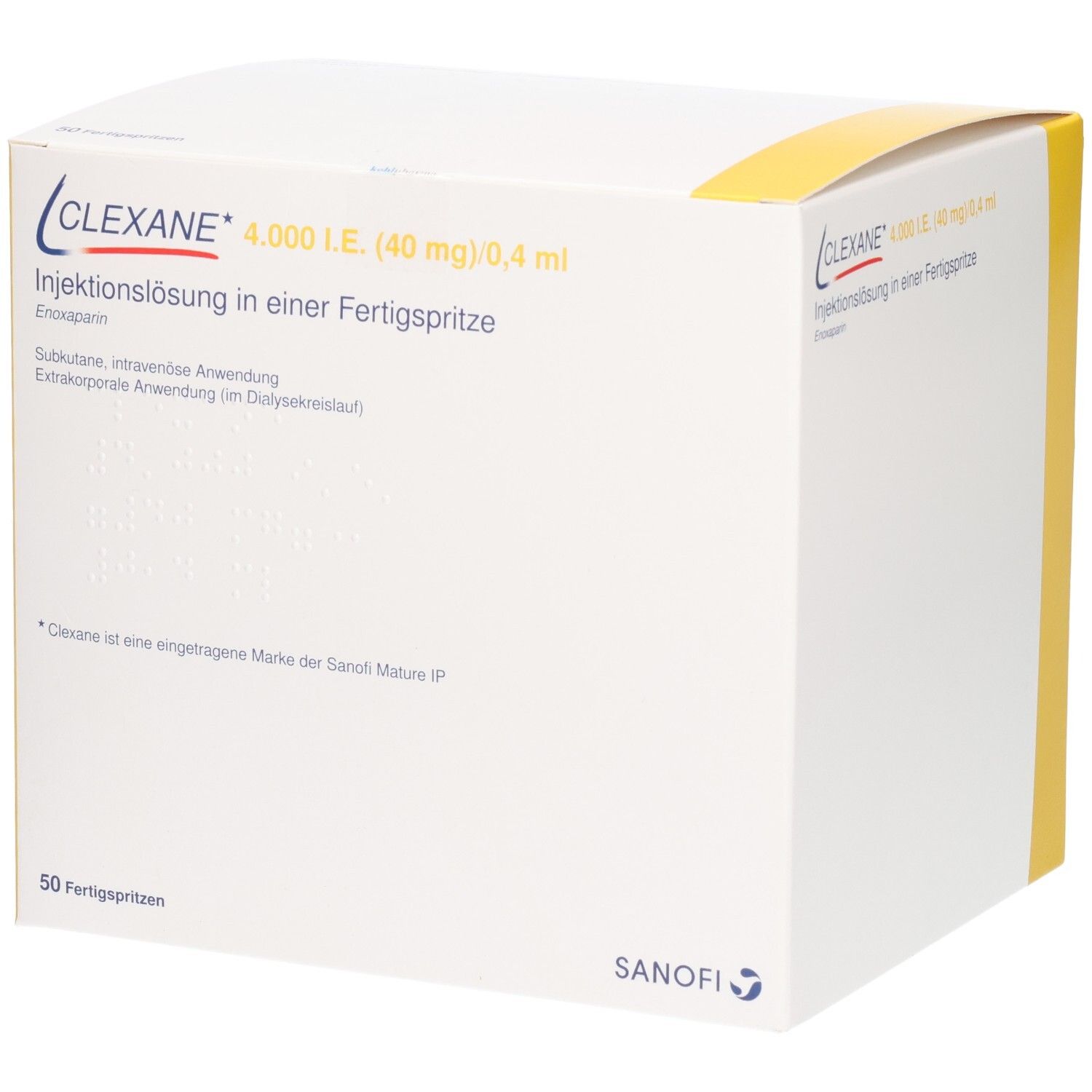 Clexane 4.000 I.E. (40mg)/0,4ml Injektionslösung in Fertigspritze. 50 Fertigspritzen. Sanofi.