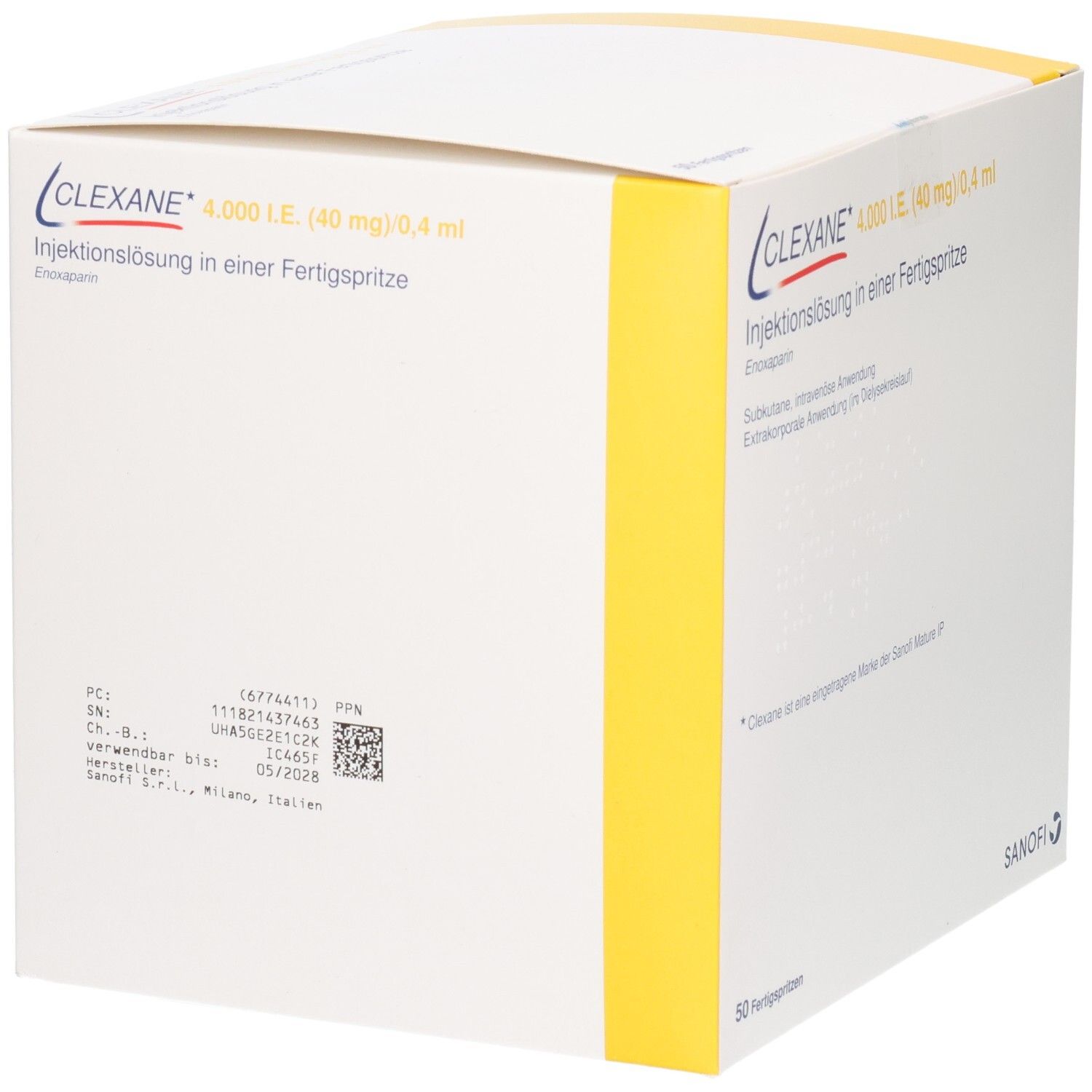 Rückseite Clexane 4.000 I.E. (40mg)/0,4ml Fertigspritzen. Chargen- und Verfallsdaten sichtbar. Sanofi.