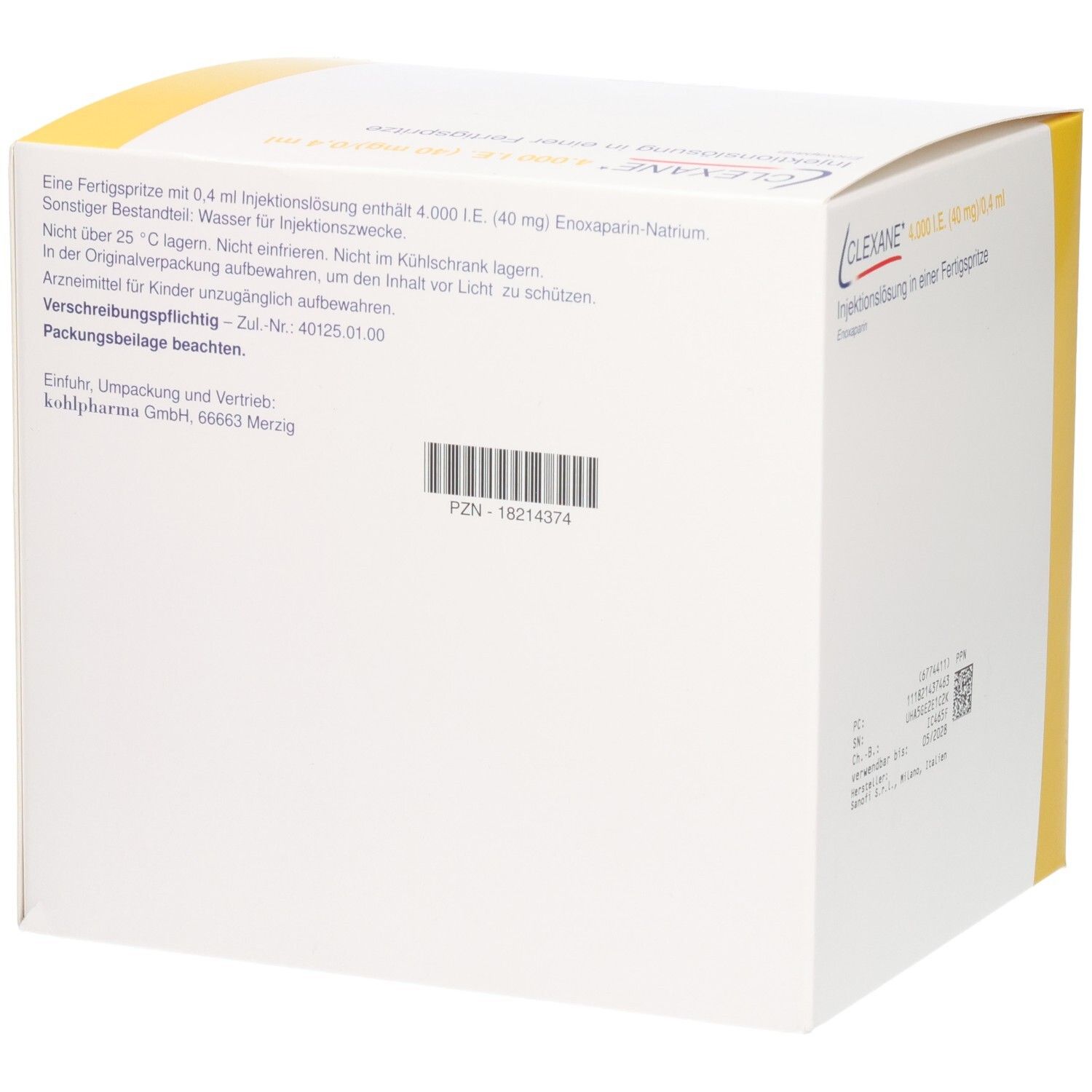 Seitenansicht Clexane 4.000 I.E. (40mg)/0,4ml Fertigspritzen. PZN 18214374. Sanofi.