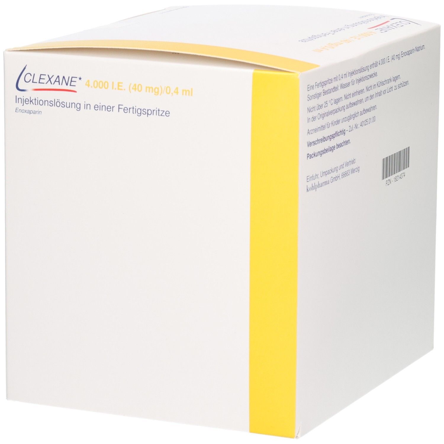 Seitenansicht Clexane 4.000 I.E. (40mg)/0,4ml Fertigspritzen. Gelber Streifen. Sanofi.