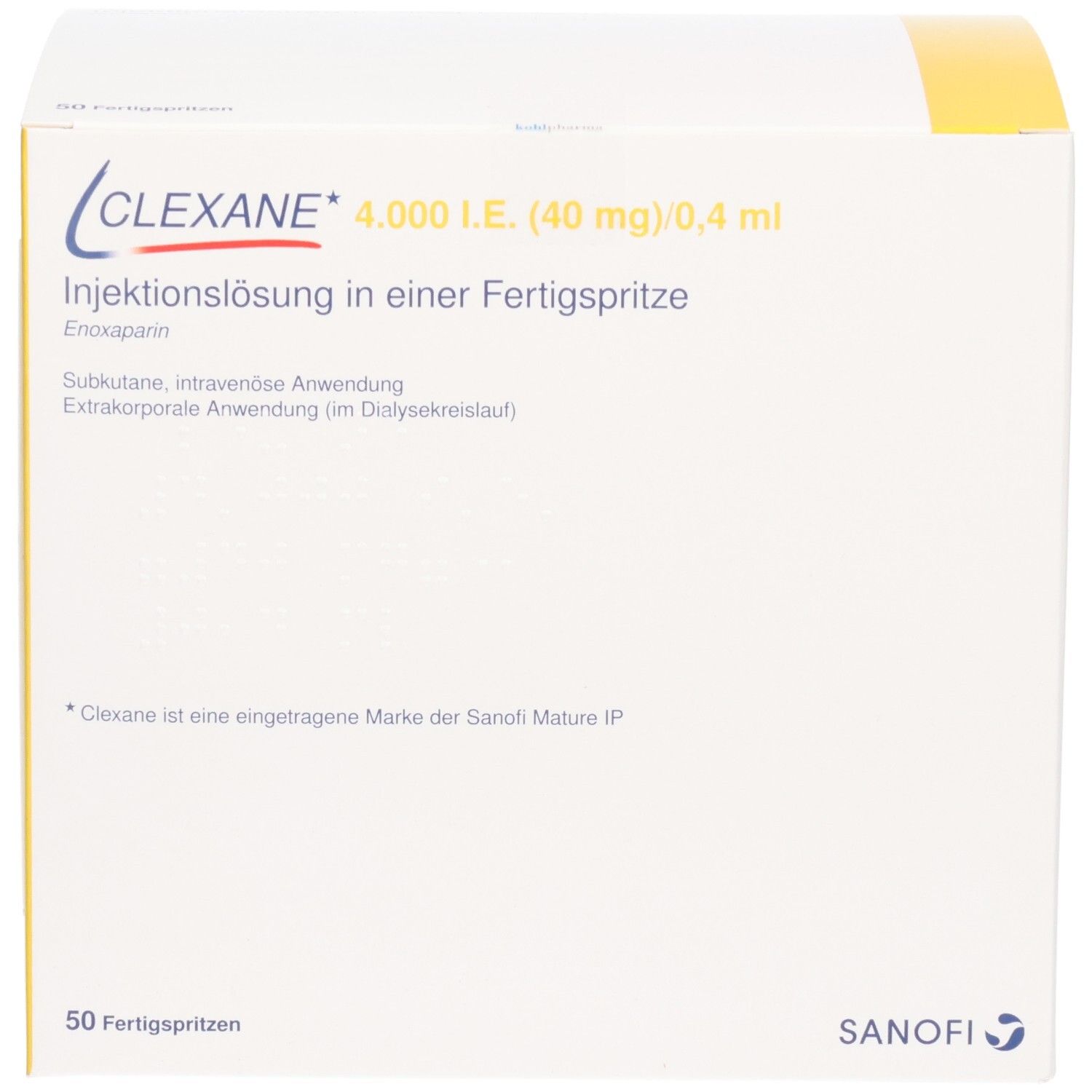 Vorderseite Clexane 4.000 I.E. (40mg)/0,4ml Fertigspritzen. 50 Stück. Sanofi.