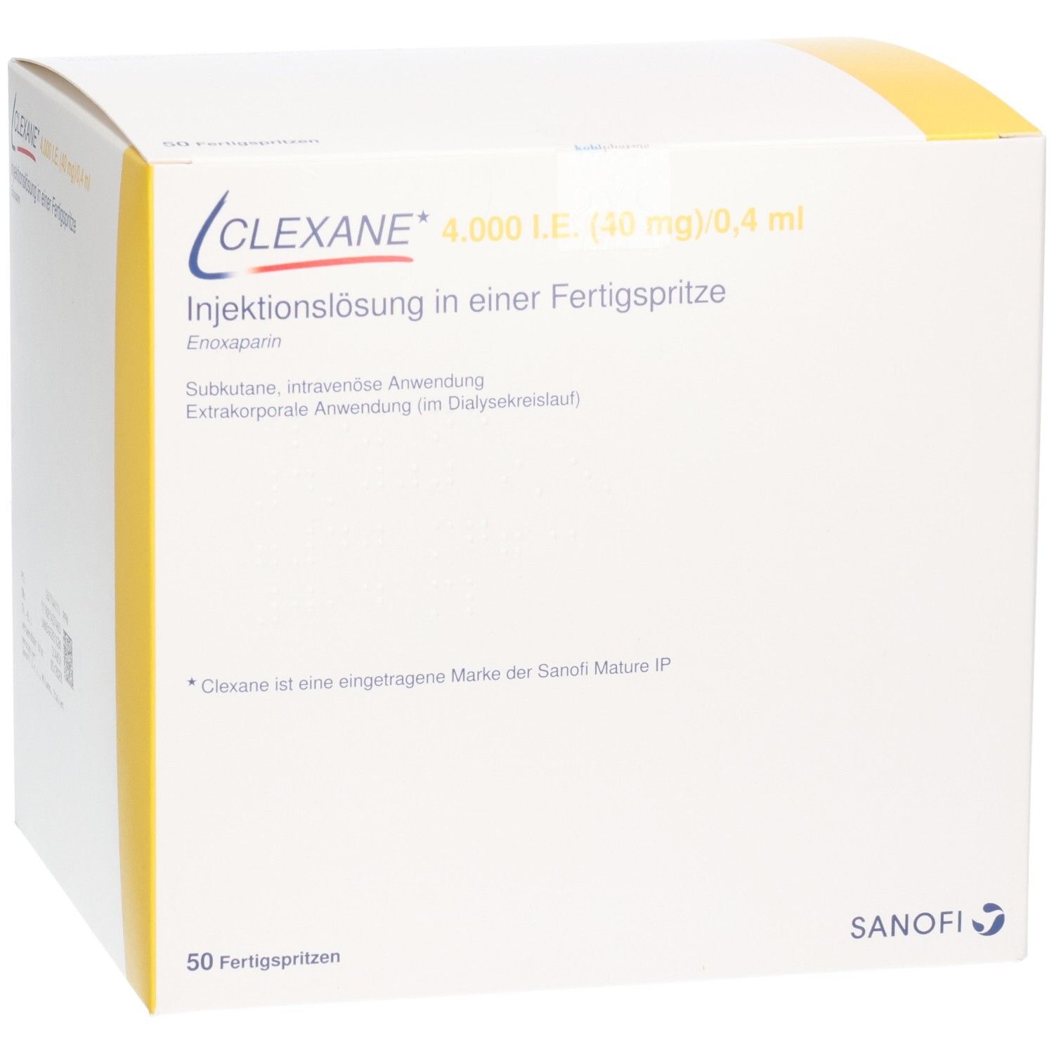 Vorderseite Clexane 4.000 I.E. (40mg)/0,4ml Fertigspritzen. 50 Stück. Sanofi.