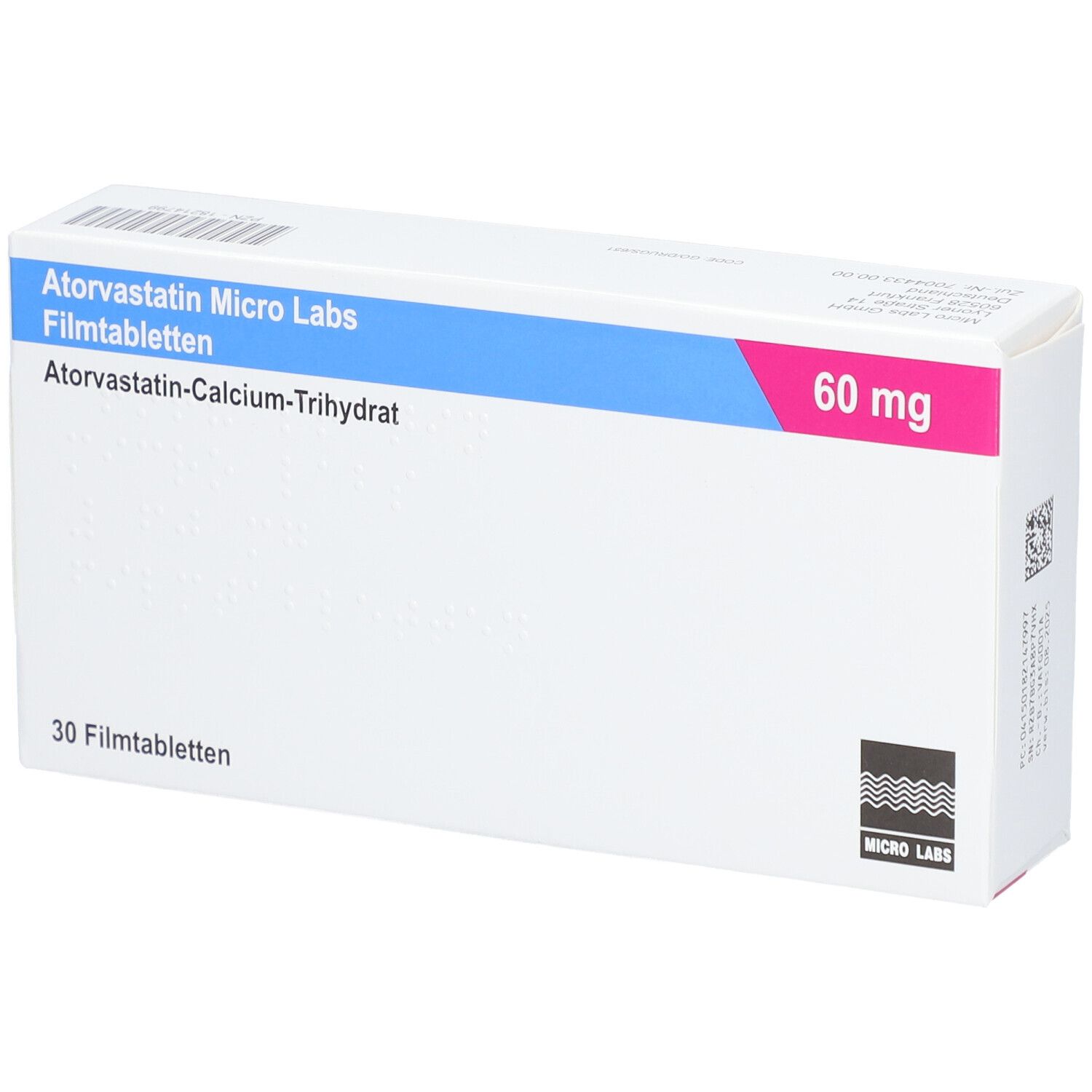 Schachtel ATORVASTATIN Micro Labs 60 mg Filmtabletten. Blaue und rosa Akzente. 30 Filmtabletten. Logo Micro Labs.