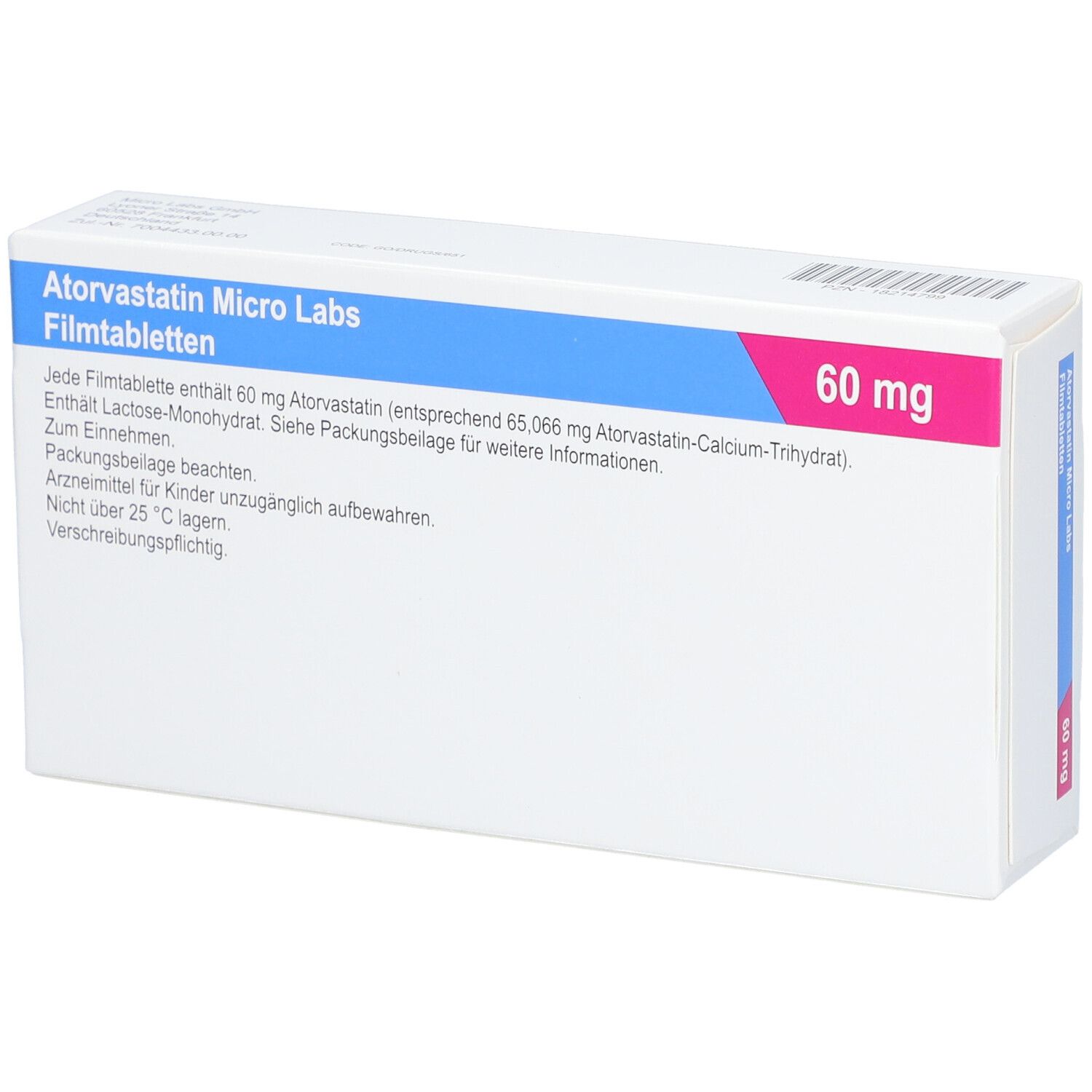 Schachtel ATORVASTATIN Micro Labs 60 mg Filmtabletten. Textinformationen. 30 Filmtabletten. Warnhinweise.