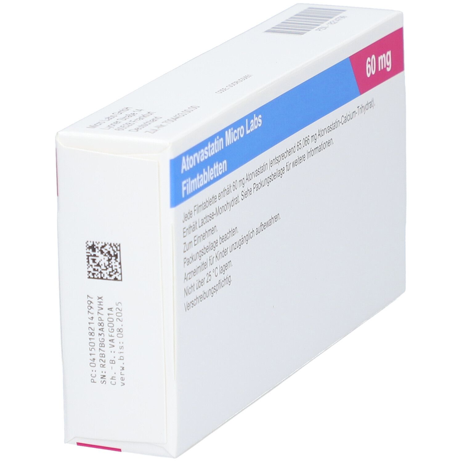 Schachtel ATORVASTATIN Micro Labs 60 mg Filmtabletten. Barcode und Text. Produktionsdaten. 30 Filmtabletten.