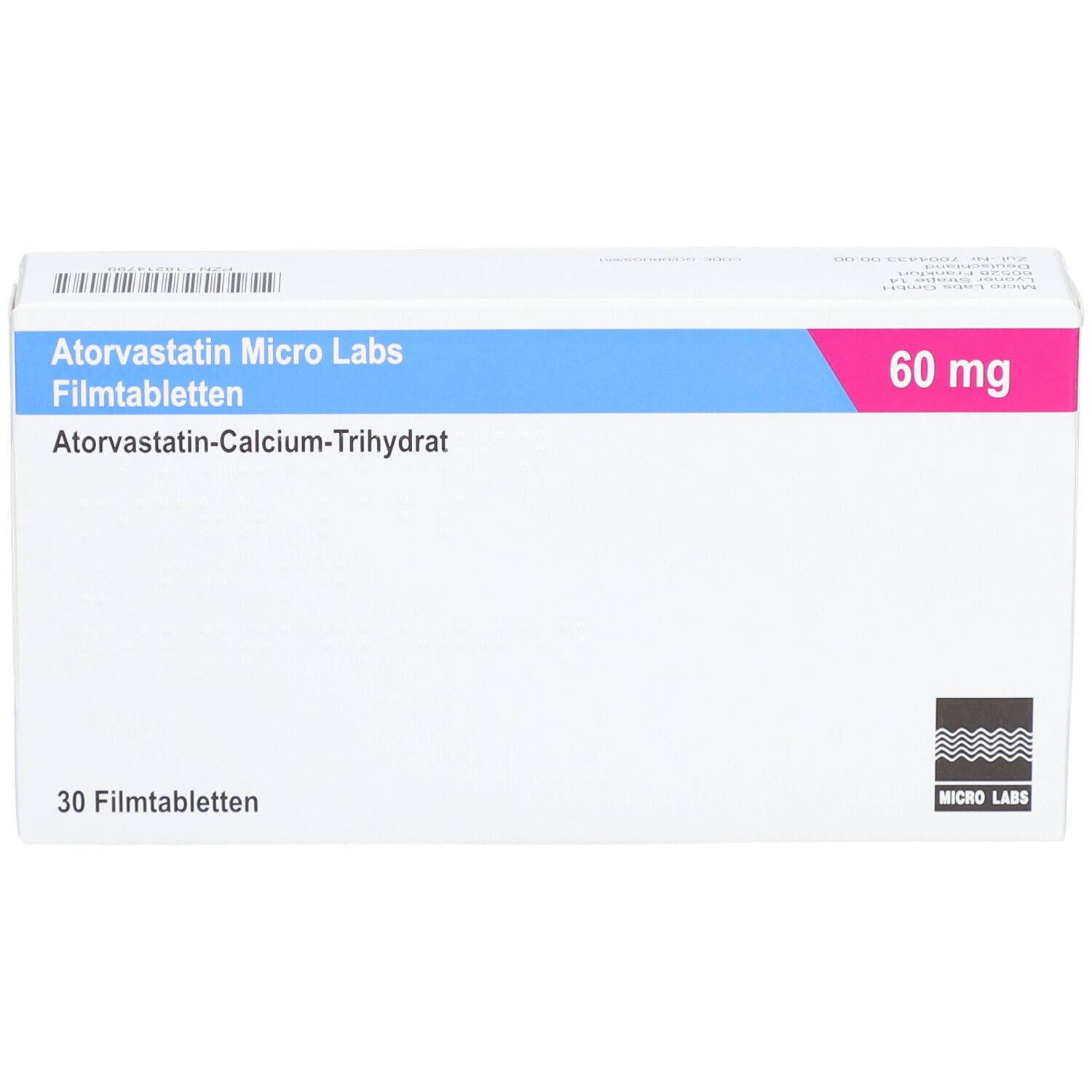 Schachtel ATORVASTATIN Micro Labs 60 mg Filmtabletten. Blaue und rosa Akzente. 30 Filmtabletten. Logo Micro Labs.