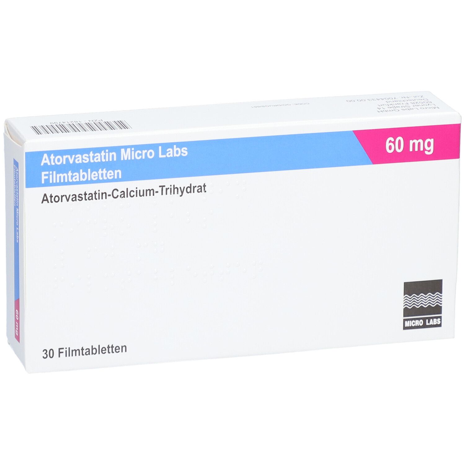 Schachtel ATORVASTATIN Micro Labs 60 mg Filmtabletten. Blaue und rosa Akzente. 30 Filmtabletten. Logo Micro Labs.