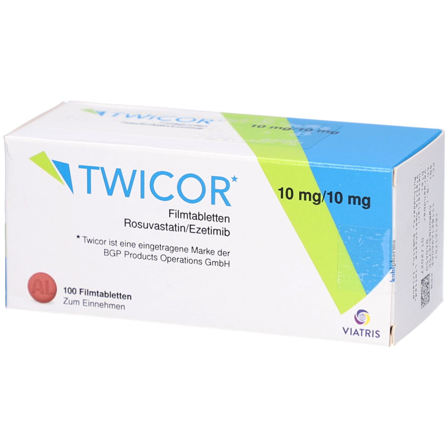 Verpackung von TWICOR Filmtabletten. Aufschrift: 10 mg/10 mg, 100 Filmtabletten. Hersteller: Viatris.