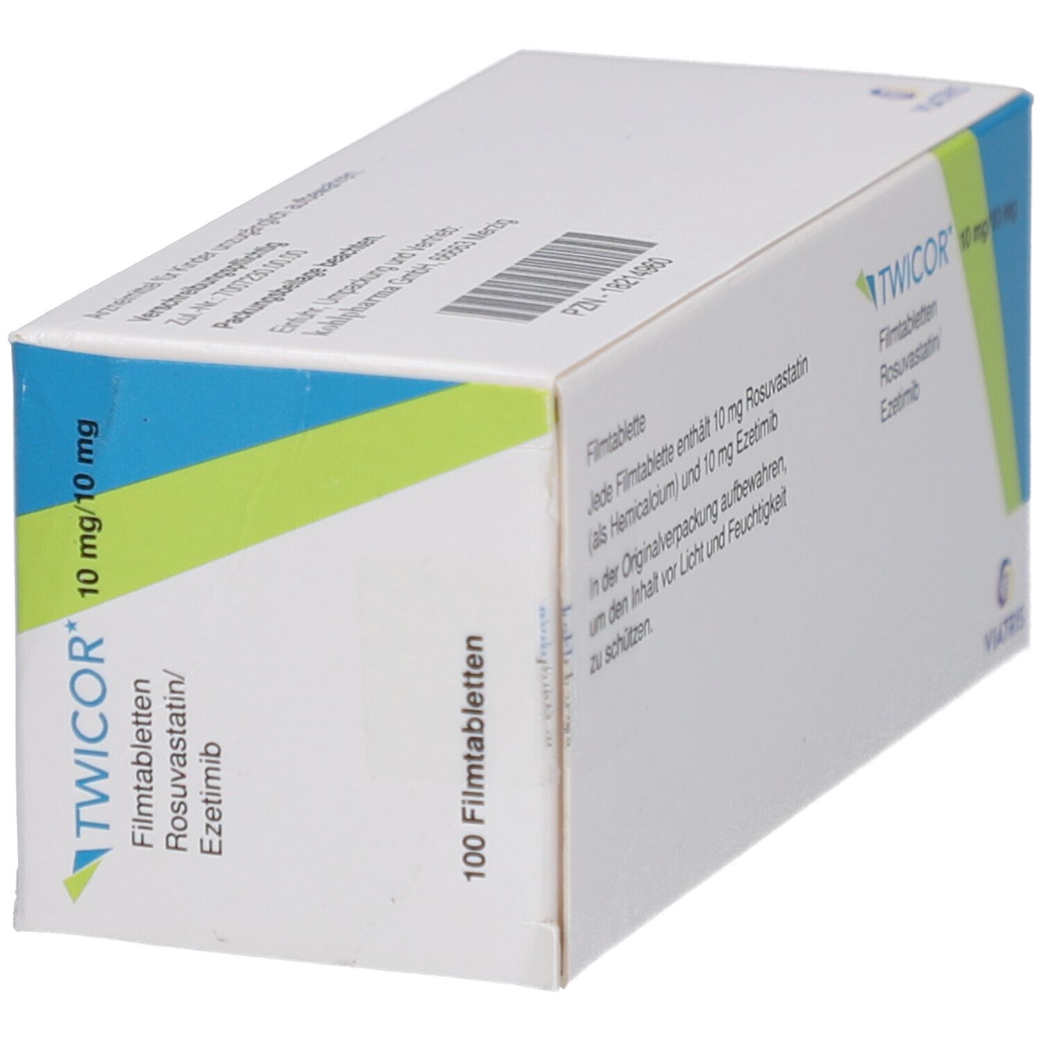 Schrägansicht der TWICOR Filmtabletten-Verpackung. Aufschrift: 10 mg/10 mg, 100 Filmtabletten. Hersteller: Viatris.